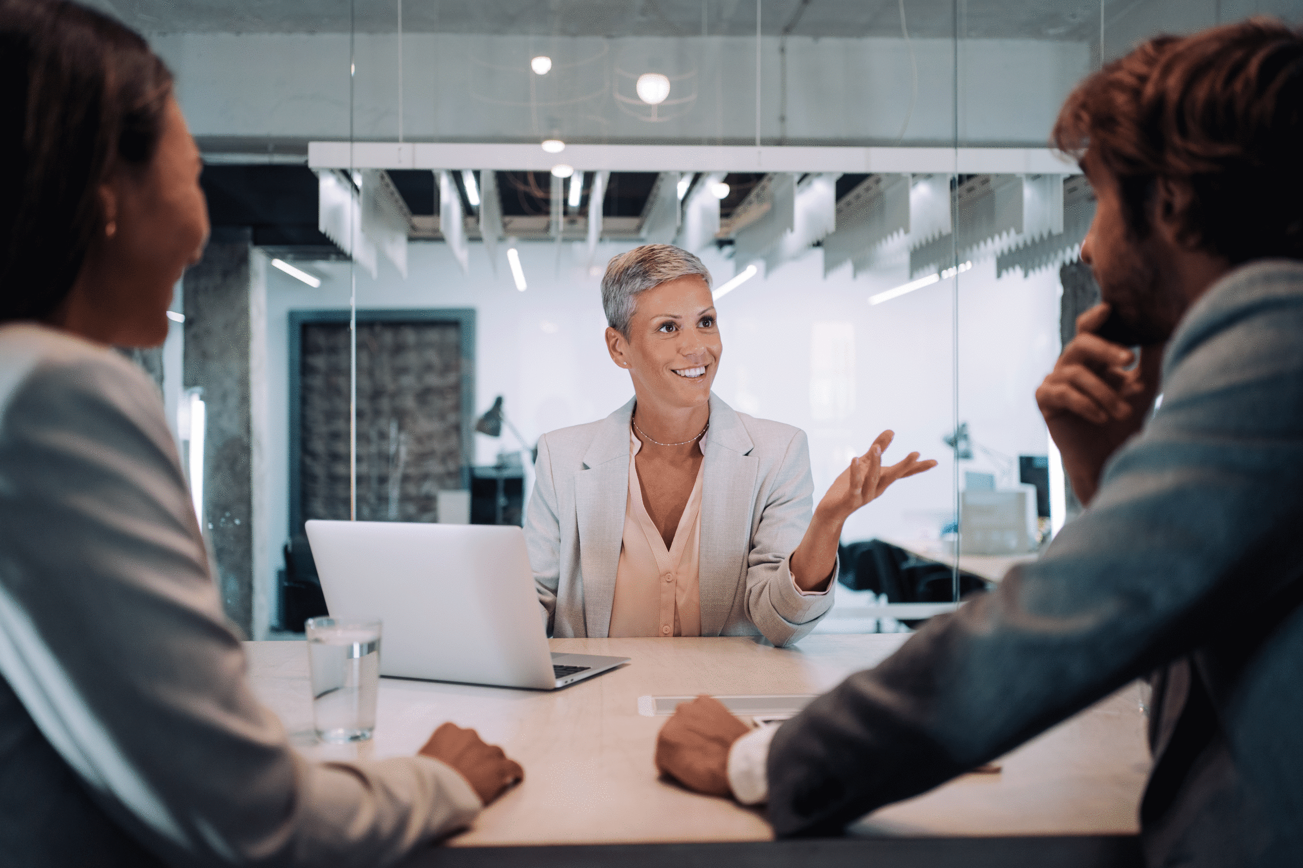 Lawyers using laptops in a bright office