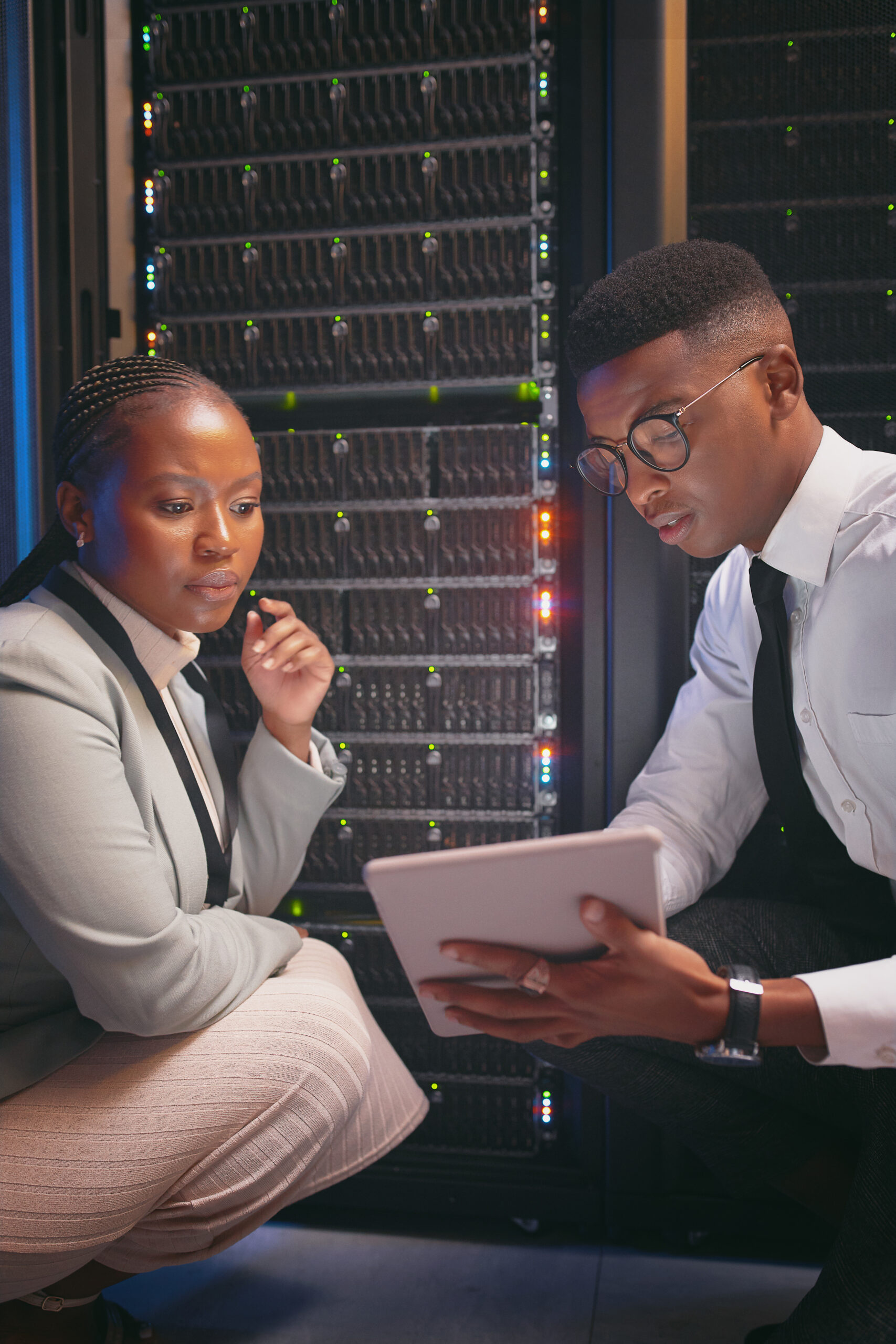 Shot of two young IT specialists crouched down in the server room together and using a digital tablet