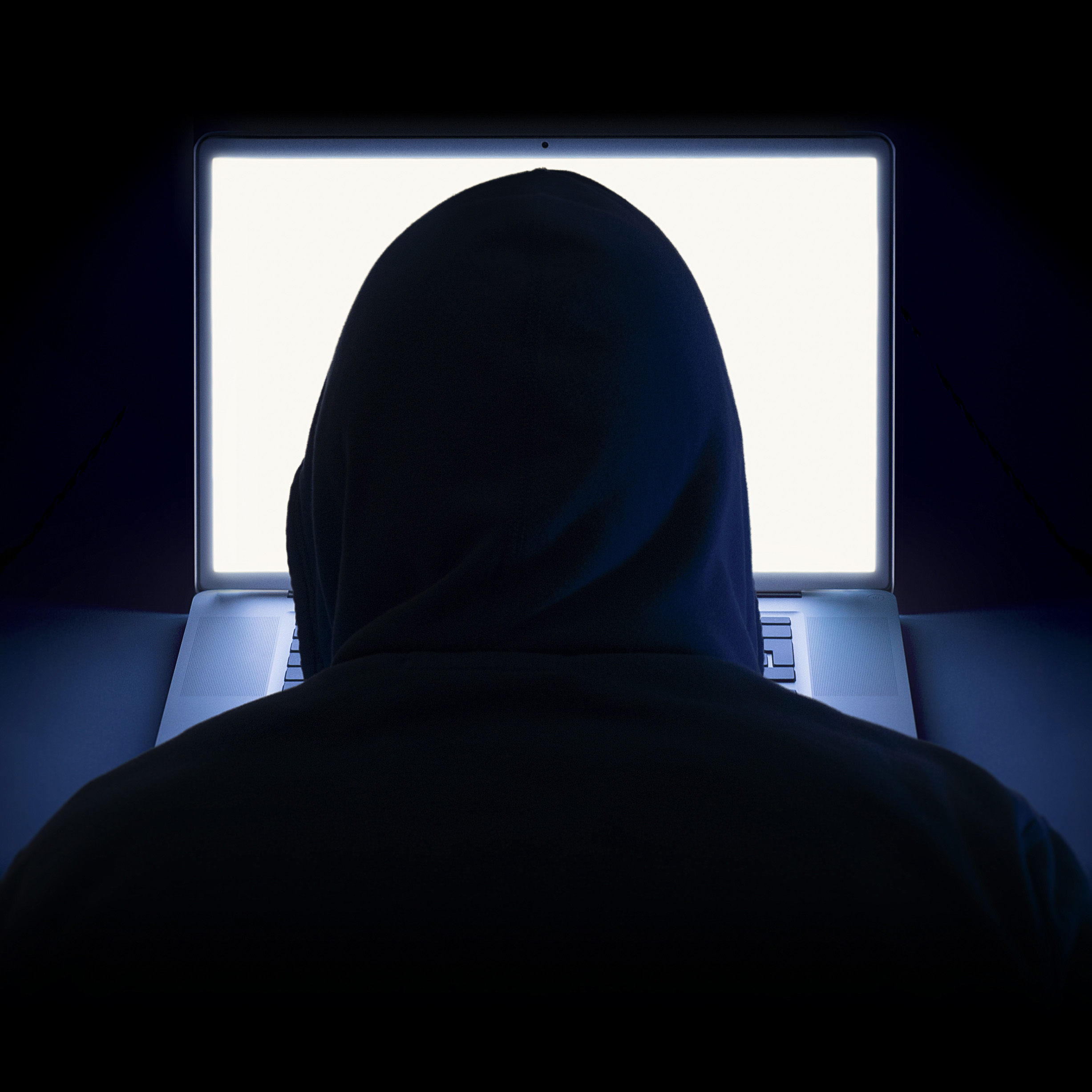 Person in a hood sat a a laptop in the dark.
