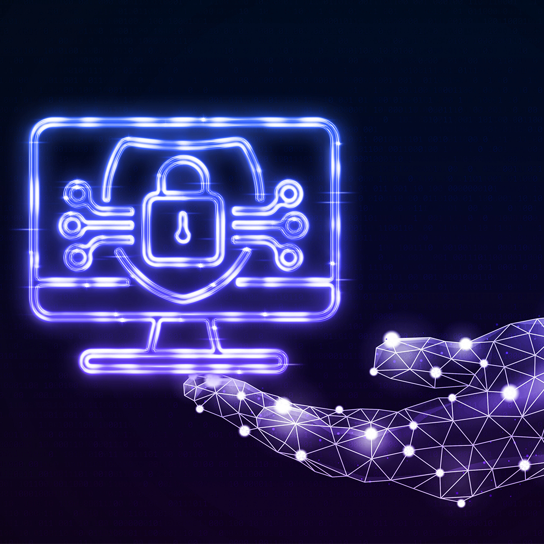 Hand reaching out to graphic image of laptop and lock